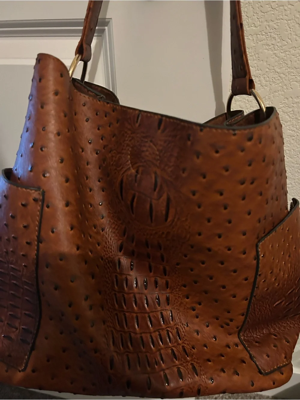 Brown Faux-Ostrich Hobo Shoulder Bag
